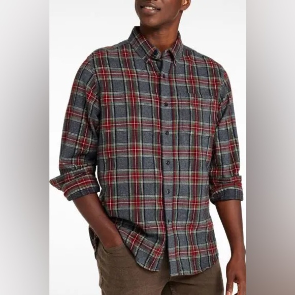 L.L. Bean Men's Plaid Button-Down Shirt - Gray, Red, and Green